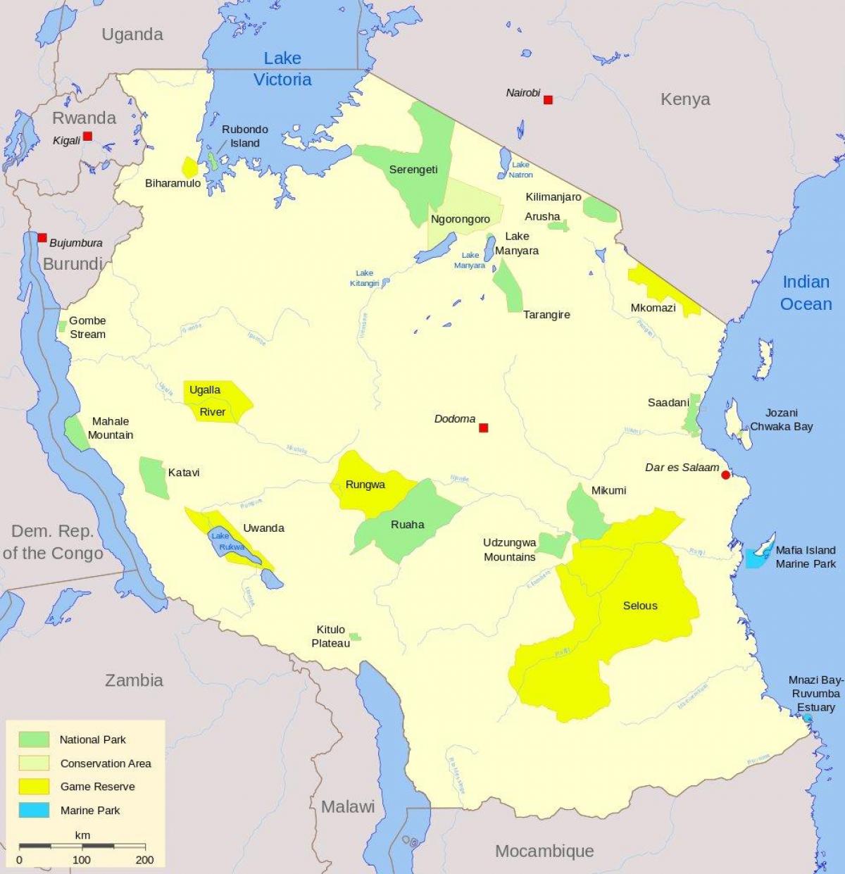 mapa tanzania parke nazional eta joko erreserbak
