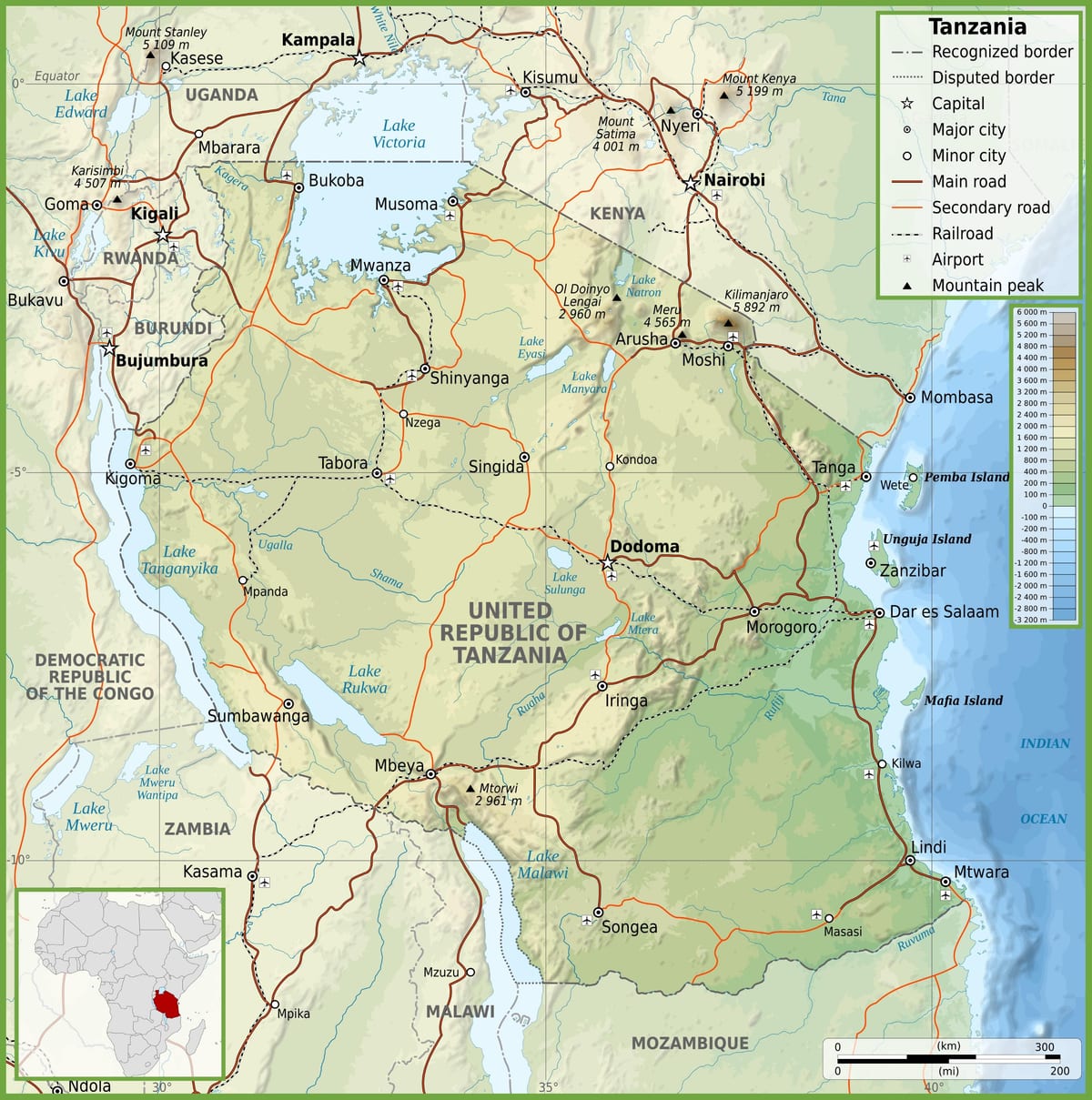 Mapa errepide tanzania distantziak