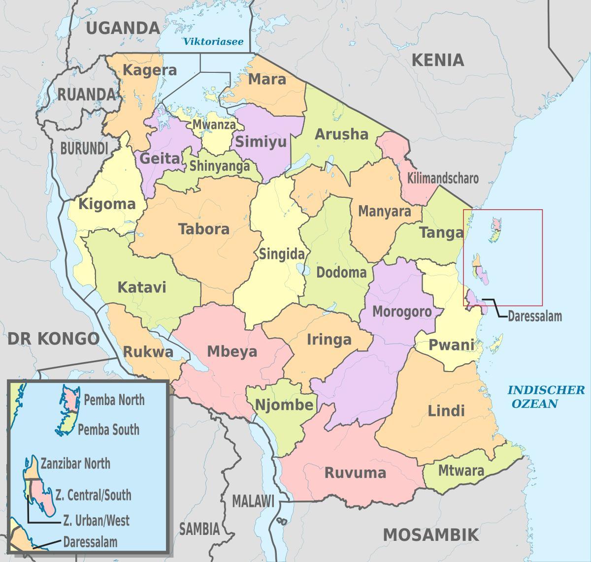 mapa tanzania erakutsiz eskualde eta auzoetan