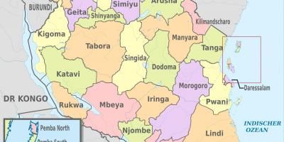 Mapa tanzania erakutsiz eskualde eta auzoetan
